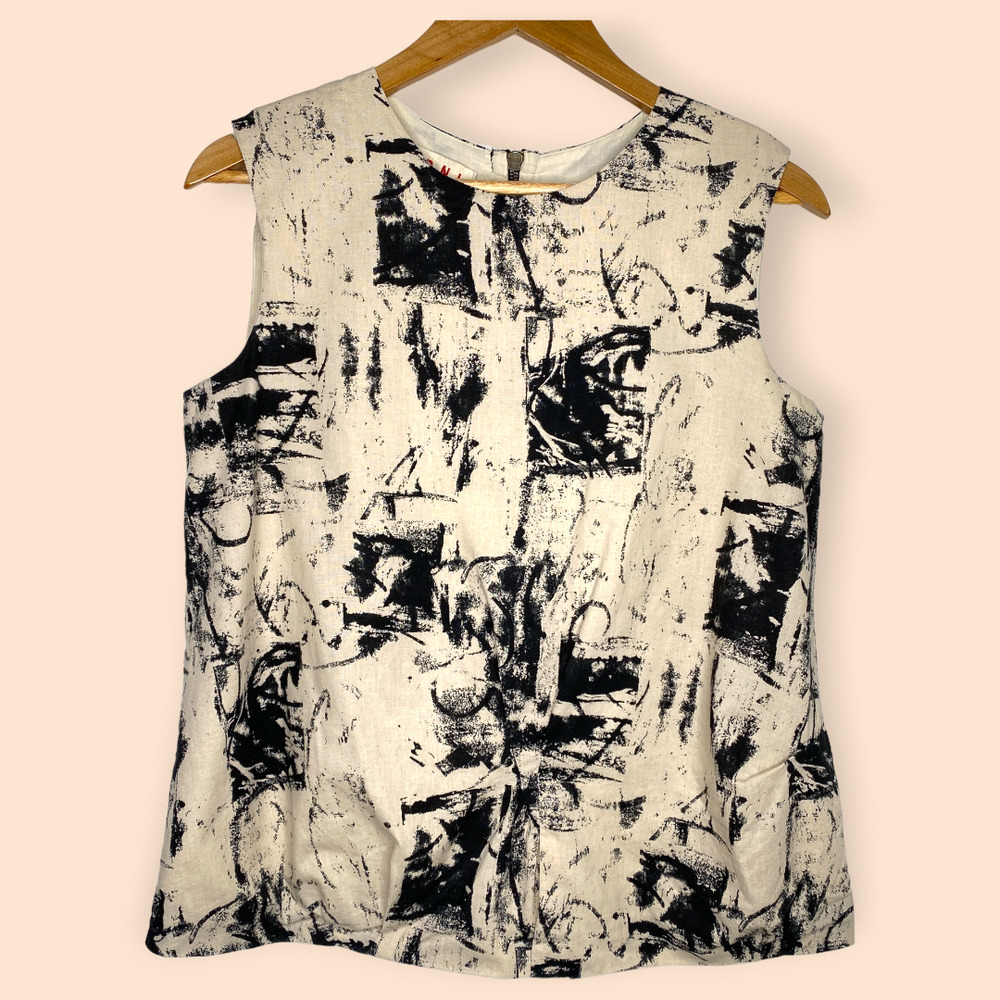 MARNI Paint Splatter Pattern Cotton Blouse Sleeveless Crew Neck Cream Black